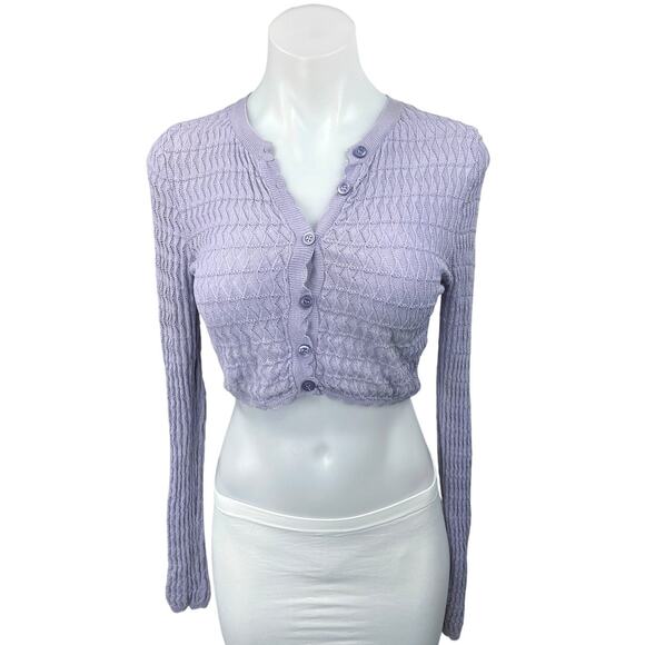 Zara Women's Purple Crochet Knit Long Sleeve Button Crop Cardigan Sweater Top S - Picture 3 of 6